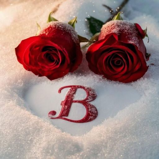 two roses in the snow with the letter b in the middle