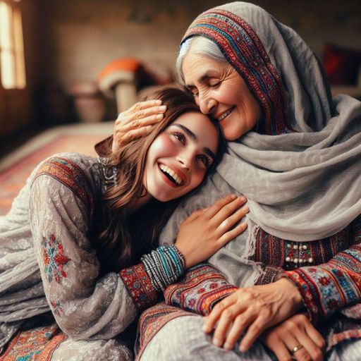 two women hugging each other on a bed