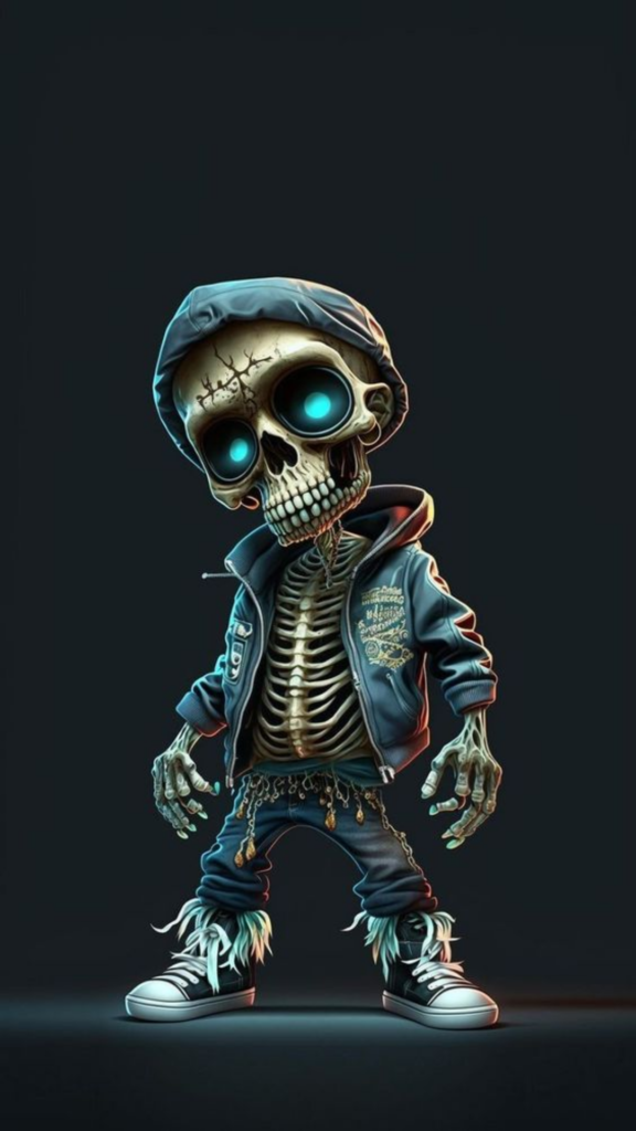 3D illustration of a skeleton wearing a stylish hoodie and sneakers with a dark background