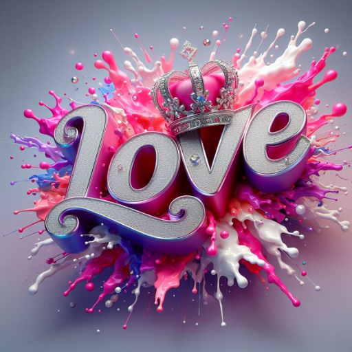 3D text _Love_ with a crown on top, surrounded by a colorful splash of pink and white paint