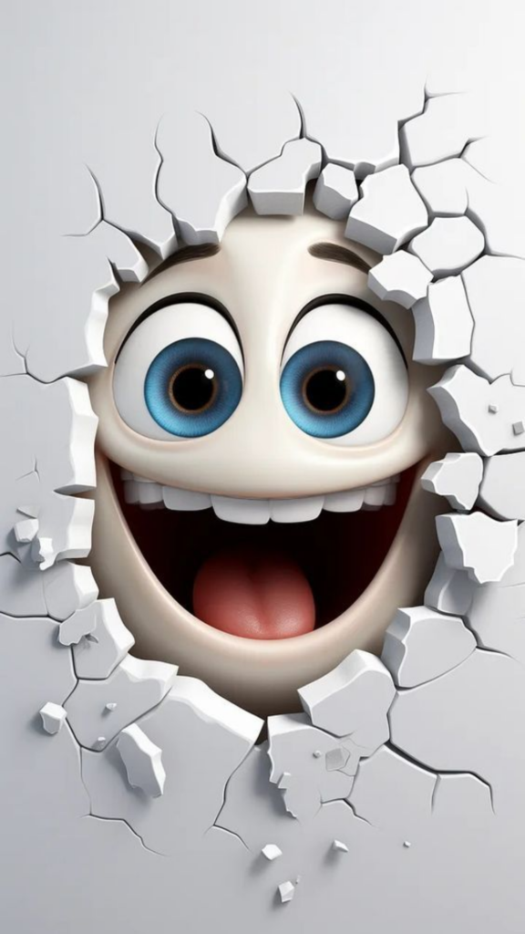 A 3D cartoon face bursting through a white wall with wide blue eyes and a happy expression