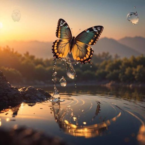 A butterfly hovers over water with droplets and ripples at sunset