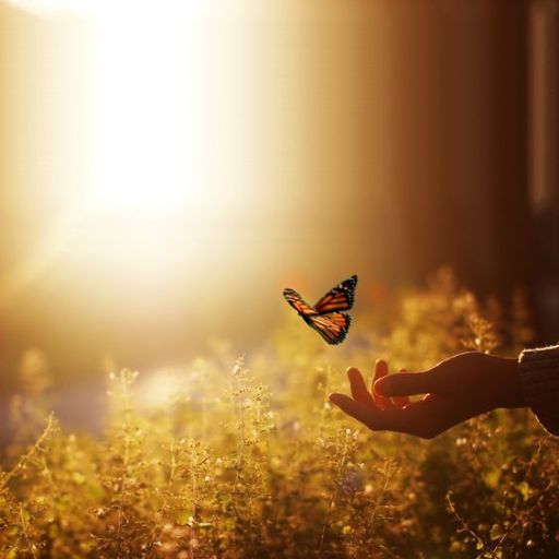 A butterfly lands on a hand against a warm, sunlit backdrop with soft-focus foliage