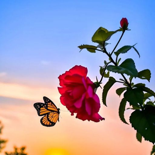 A butterfly on a rose against a sunset sky