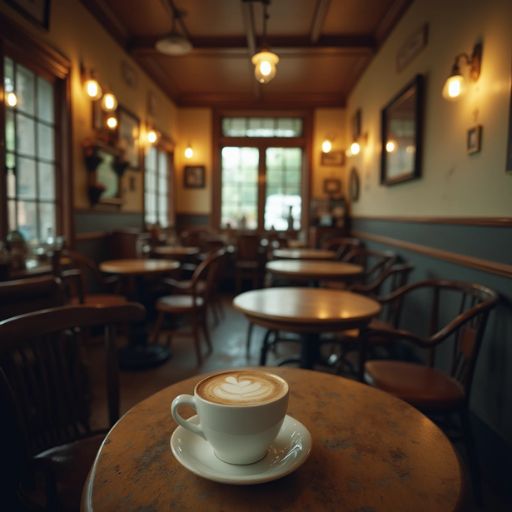 A cappuccino with heart-shaped latte art on a wooden table in a cozy, dimly lit café