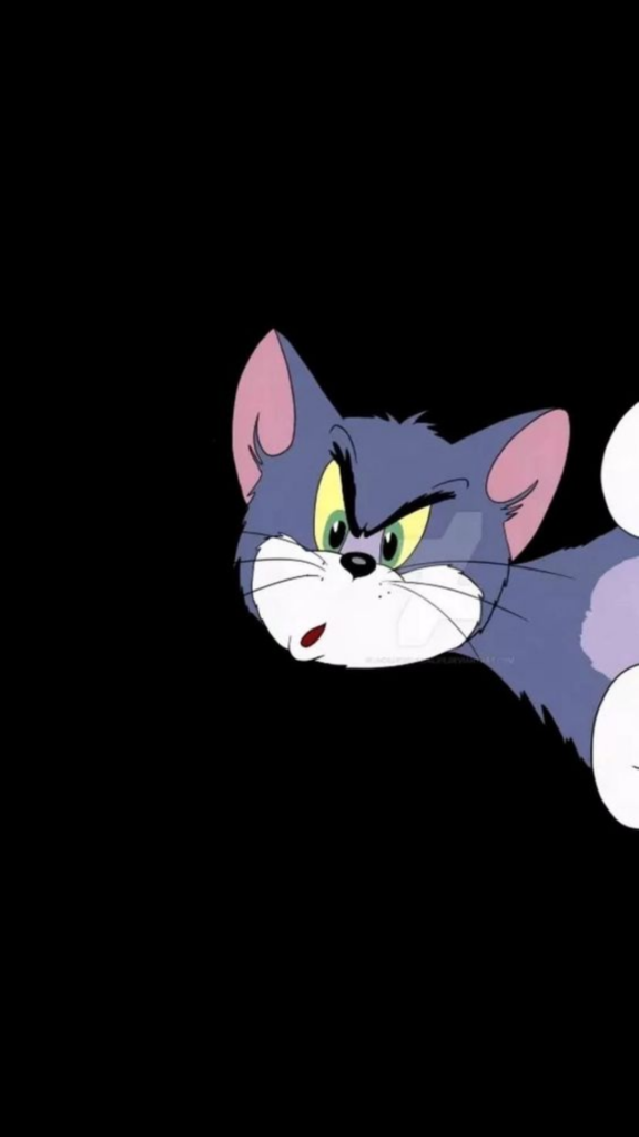 A cartoon cat with a surprised expression on a black background