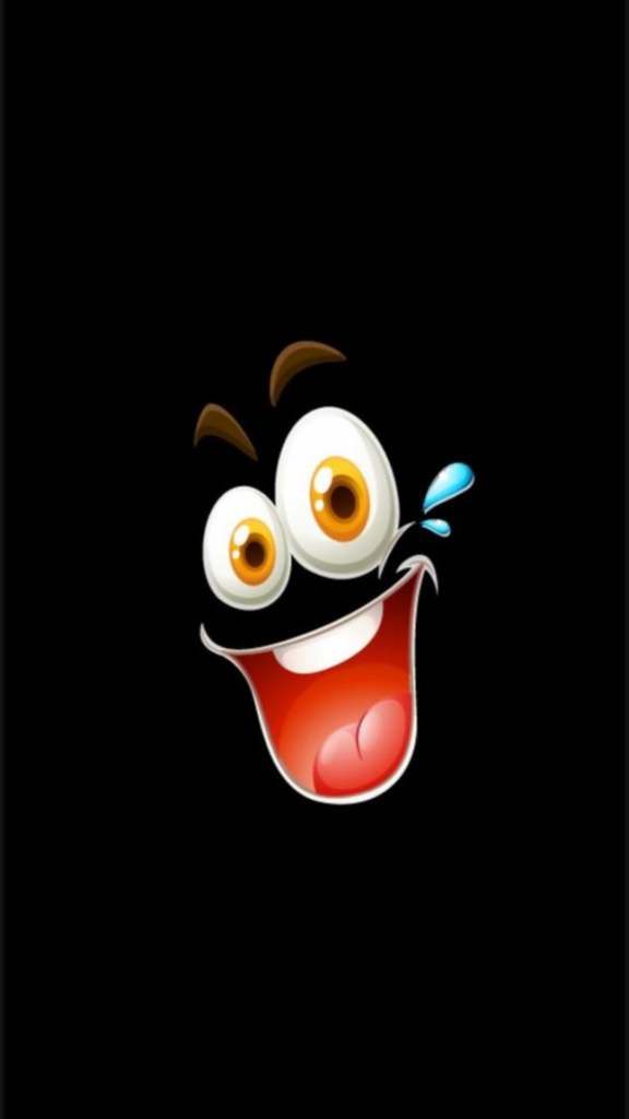 A cartoon face with large eyes and an open, laughing mouth on a black background