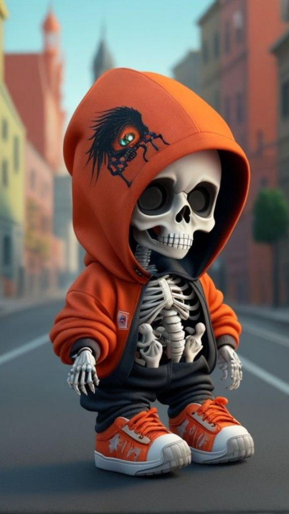 A cartoon skeleton in an orange hoodie and sneakers standing on a street