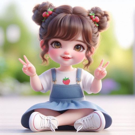 A cartoon-style illustration of a child with double buns gesturing peace signs, wearing a denim dress and sneakers