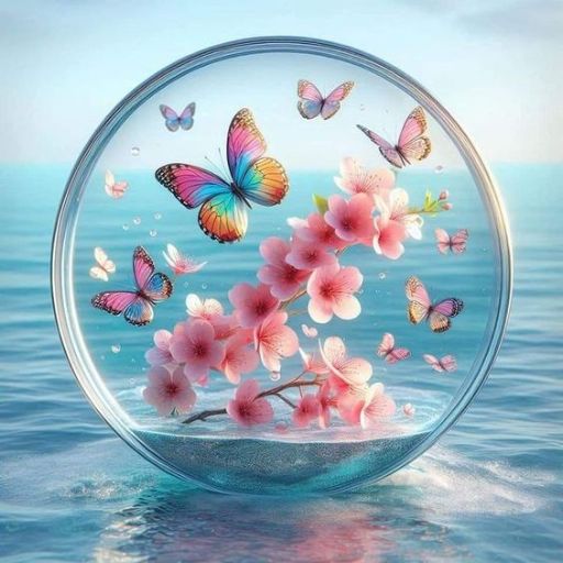 A circular frame capturing butterflies and pink cherry blossoms floating on serene blue water