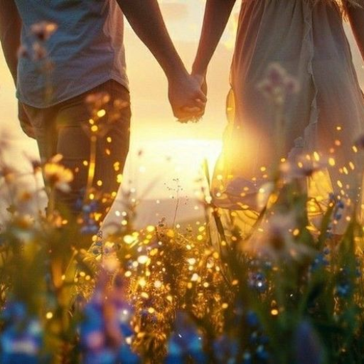 A couple holding hands in a field at sunset, surrounded by wildflowers