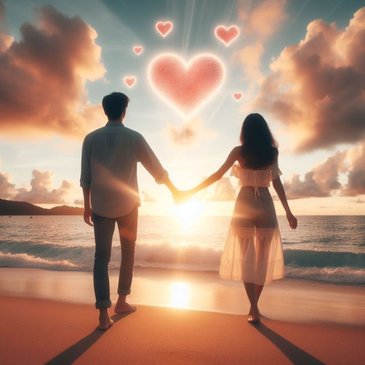 A couple holding hands on a beach at sunset, with heart-shaped clouds above them