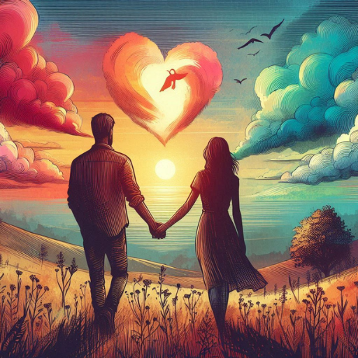 A couple holding hands, their silhouettes against a sunset that forms a heart shape in the sky