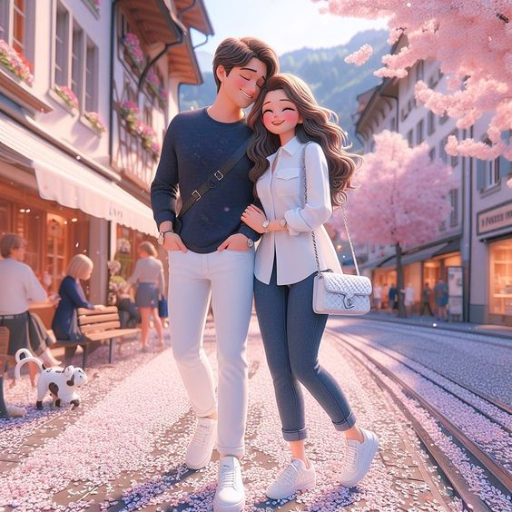 A couple stands on a flower-lined street with pink cherry blossoms, holding hands and embracing