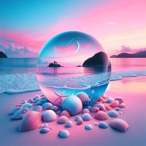 A crystal ball on a sandy beach surrounded by shells with a vibrant pink and blue sunset sky