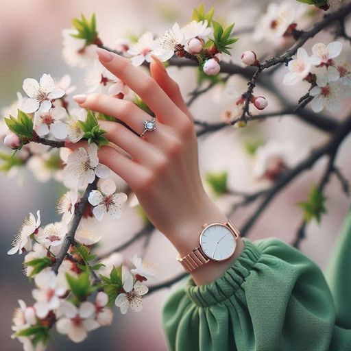 A delicate hand with a watch and ring touches cherry blossoms on a branch