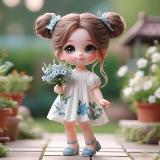 A doll with pigtails holding flowers, standing on a garden path surrounded by plants