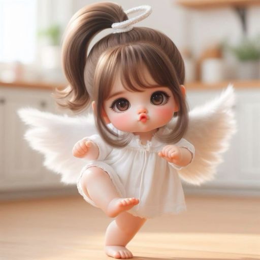 A doll with ponytail and angel wings in white dress stepping forward