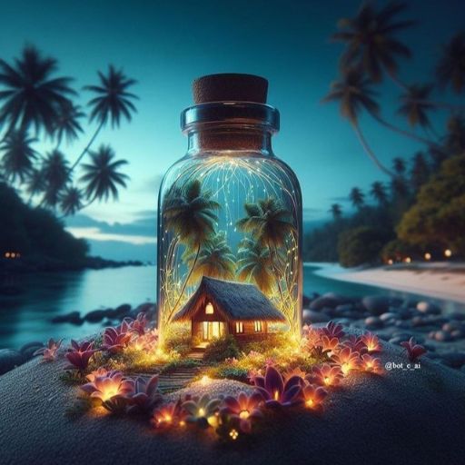 A fantasy scene with a glowing bottle containing a miniature house and palm trees, set on a tropical beach at twilight