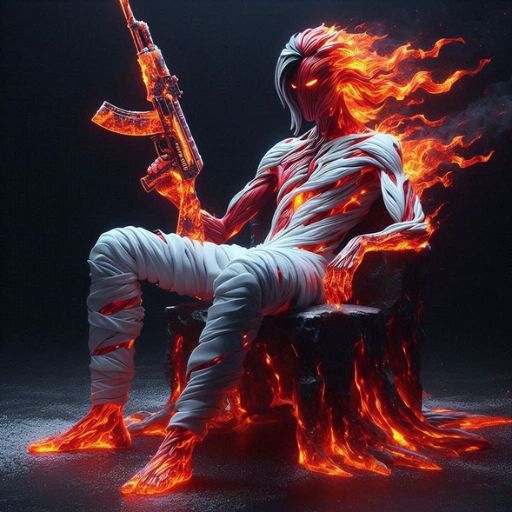 A fiery figure with a glowing weapon sits on a molten chair against a dark background