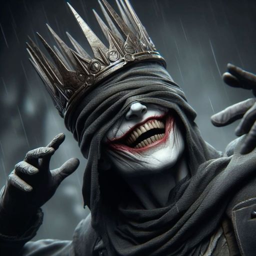 A figure with a crown and joker makeup smiling in the rain