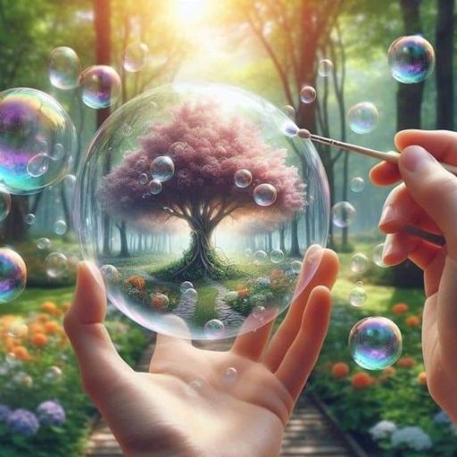 A hand holding a large bubble with a detailed tree inside, surrounded by smaller bubbles in a sunlit forest