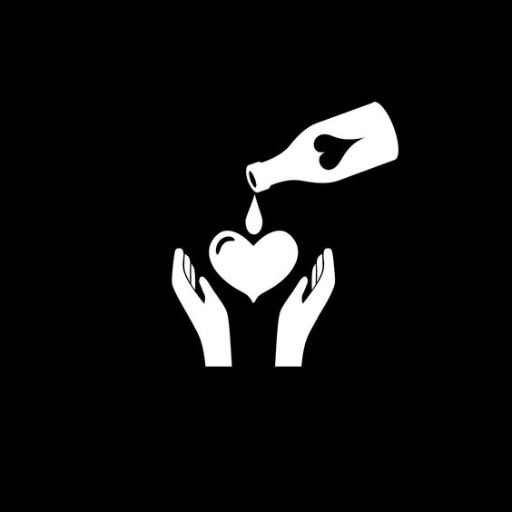 A hand pouring liquid into a heart cradled by another pair of hands, all depicted in white on a black background