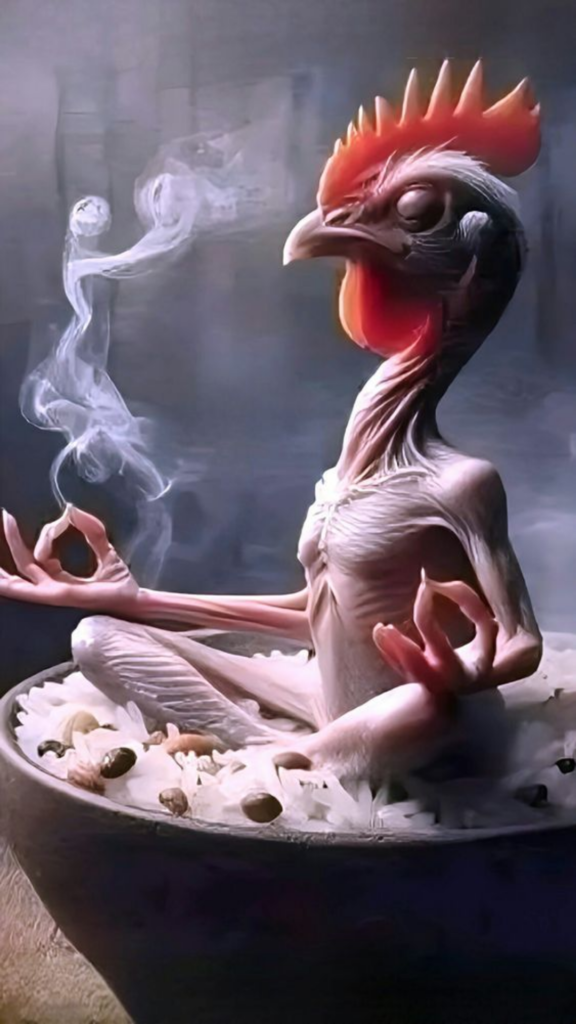 A humanoid chicken meditating over a bowl of eggs and feathers with incense smoke rising