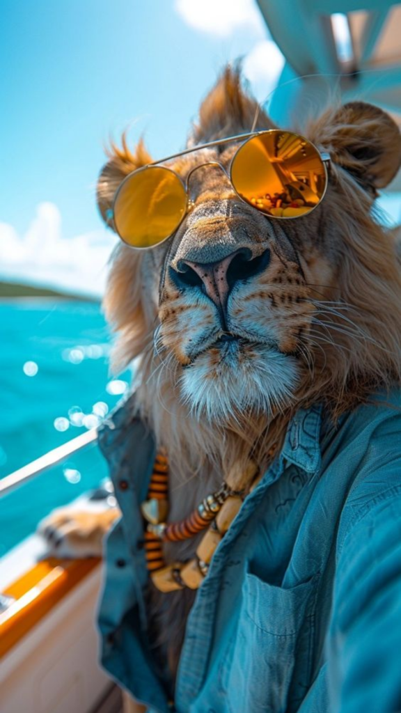 A lion wearing sunglasses and a shirt, taking a selfie on a boat