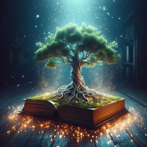 A luminous tree growing from an open book on a wooden floor with sparkles around it