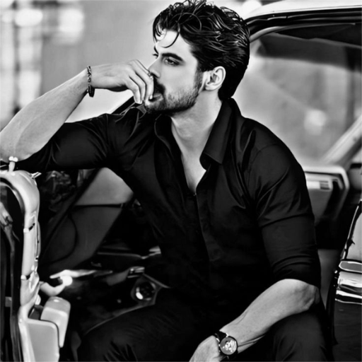 A man in a black shirt sitting in an open car door, wearing a watch