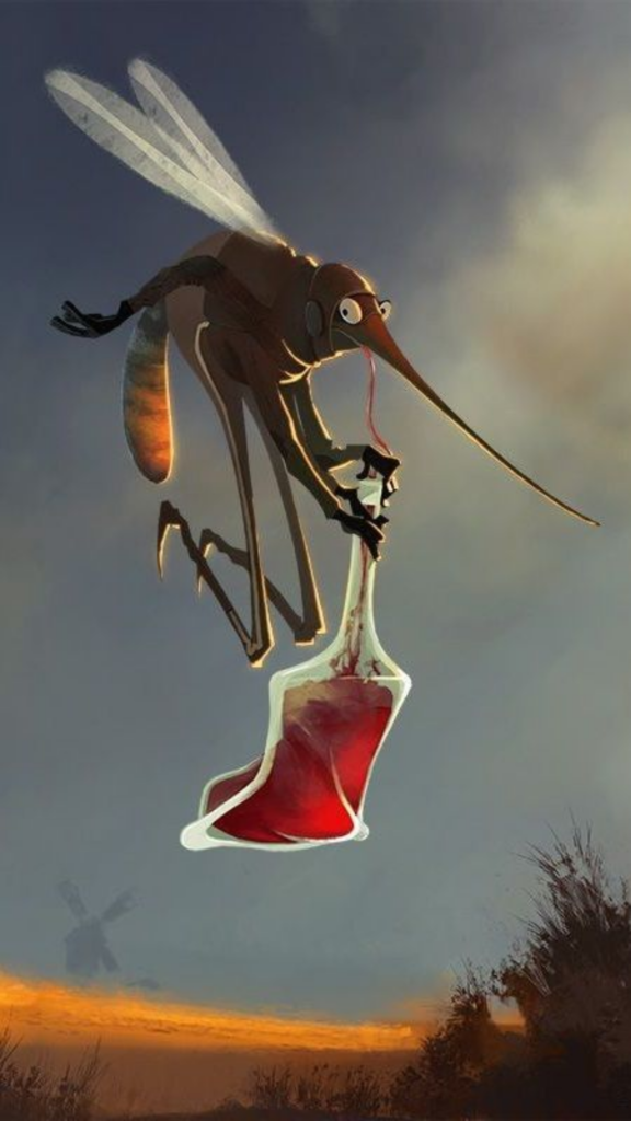 A mosquito carrying a blood-filled sack at dusk, with another mosquito silhouette in the background