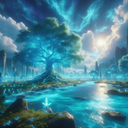 A mystical landscape with a glowing tree, ethereal river, and radiant blue skies with aurora-like lights