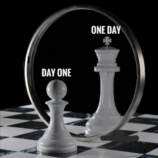 A pawn and its reflection as a king in a mirror with the words _DAY ONE_ and _ONE DAY_ on a chessboard