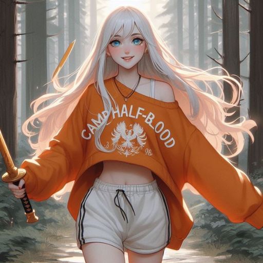 A person in a _Camp Half-Blood_ hoodie holding a sword, standing in a forest