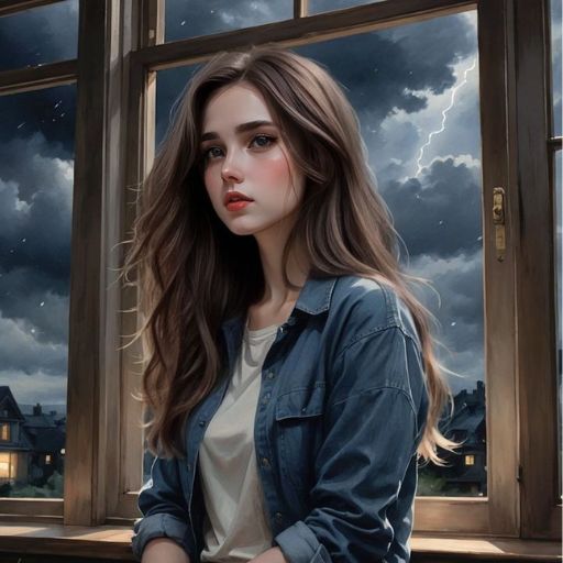 A person in a denim jacket stands by a window overlooking a stormy sky