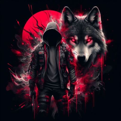 A person in a hoodie with a wolf's head beside a red moon, both in monochromatic red and black tones