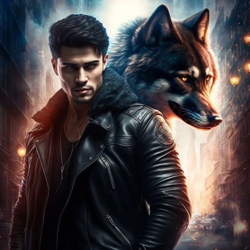 A person in a leather jacket with a large wolf beside them against a neon-lit street backdrop