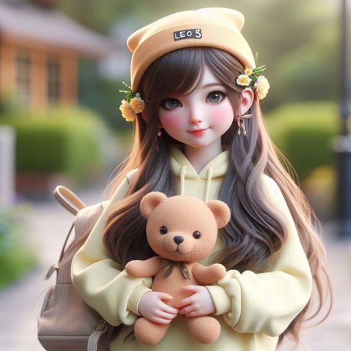 A person in a yellow hoodie and cap holding a teddy bear, with flower decorations in their hair