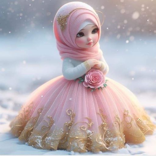 A person in an elegant pink gown with golden embroidery holding a rose, standing against a snowy backdrop