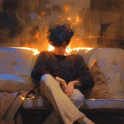 A person sitting on a couch with fiery spark-like effects surrounding them