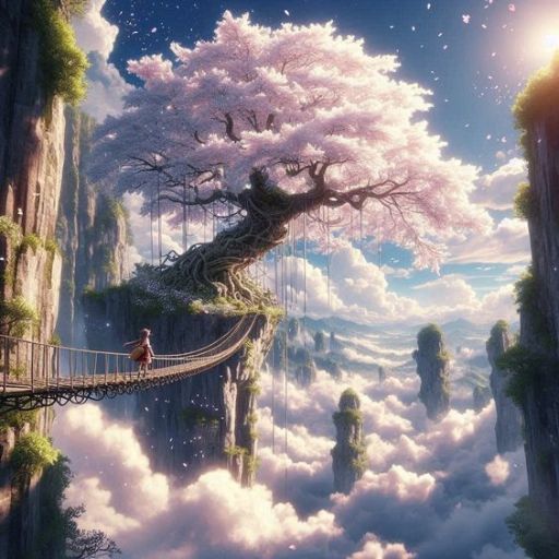 A person stands on a suspension bridge leading to a large cherry blossom tree atop a floating cliff, surrounded by clouds