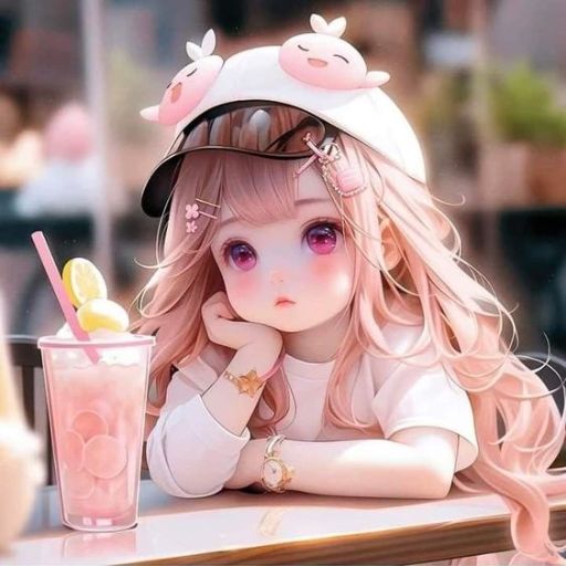 A person with pink hair wearing a cow-themed hat sits by a pink drink with a lemon slice