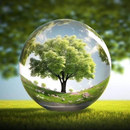 A reflective sphere encapsulating a green tree and a grassy landscape under a blue sky