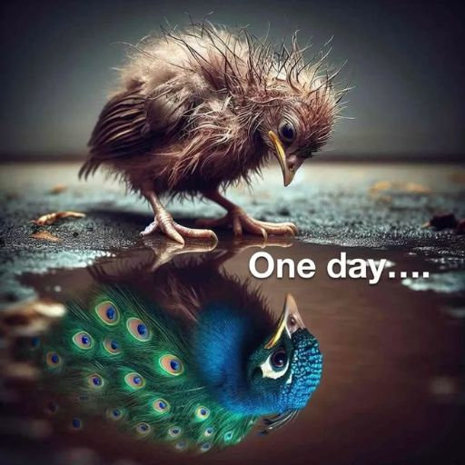 A scraggly chick looks at its reflection revealing a majestic peacock, with the words _One dayA scraggly chick looks at its reflection revealing a majestic peacock, with the words _One day