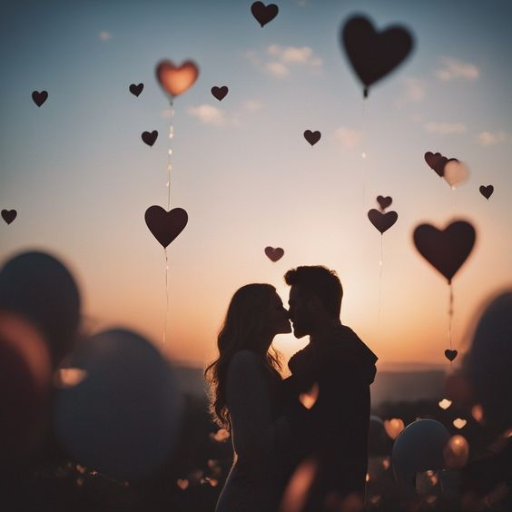 A silhouetted couple kissing among heart-shaped balloons at sunset