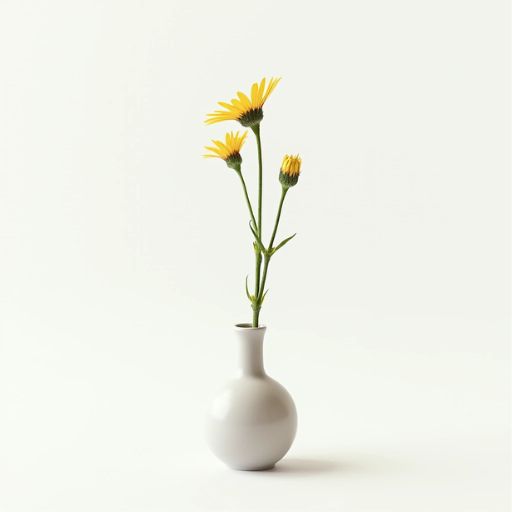 A simple white vase with three yellow daisy flowers against a plain background