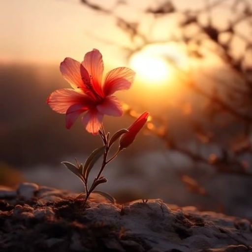 A single pink hibiscus flower in bloom against a soft sunset background