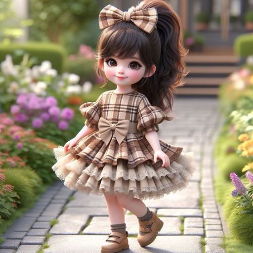 A small child in a plaid dress and bow walks along a garden path