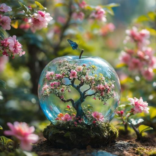 A small tree with pink blossoms inside a transparent apple-shaped bubble, with a butterfly on top, surrounded by flowers